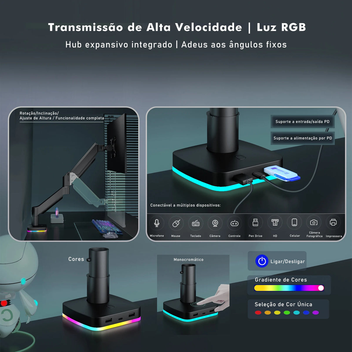 Suporte Braço Articulado para Monitor com RGB
