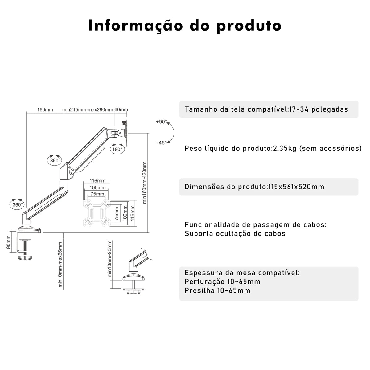 Suporte Braço Articulado para Monitor com RGB